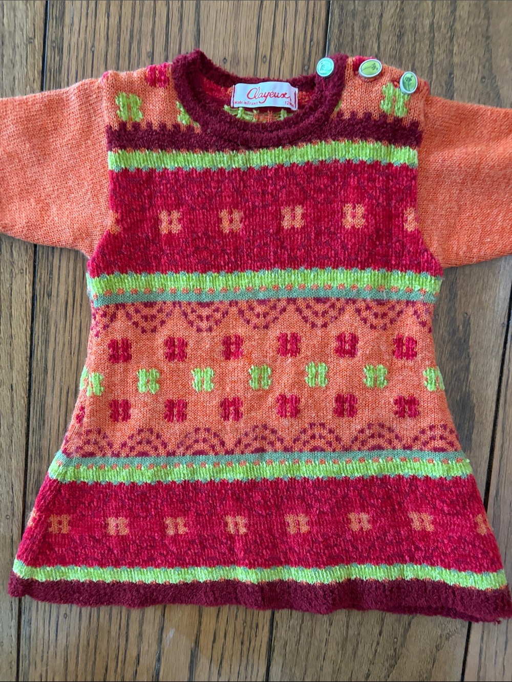 Clayeux Orange, Red & Lime Patterned Knit Kids Sweater Dress Made in France